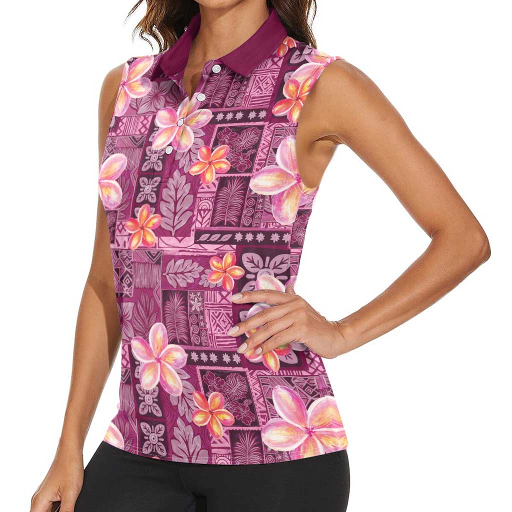Pink Hawaii Plumeria With Tropical Flowers Motifs Women Sleeveless Polo Shirt LT14 - Polynesian Pride