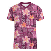 Pink Hawaii Plumeria With Tropical Flowers Motifs Women V-Neck T-Shirt LT14 Female Pink - Polynesian Pride