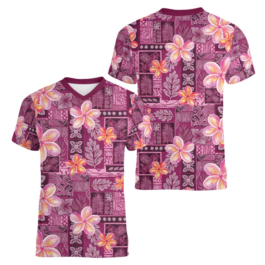 Pink Hawaii Plumeria With Tropical Flowers Motifs Women V-Neck T-Shirt LT14 - Polynesian Pride
