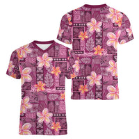 Pink Hawaii Plumeria With Tropical Flowers Motifs Women V-Neck T-Shirt LT14 - Polynesian Pride