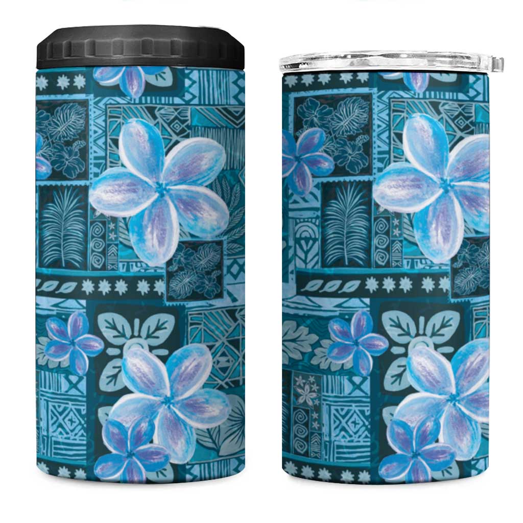 Cyan Hawaii Plumeria With Tropical Flowers Motifs 4 in 1 Can Cooler Tumbler LT14 One Size: 16 oz Cyan - Polynesian Pride
