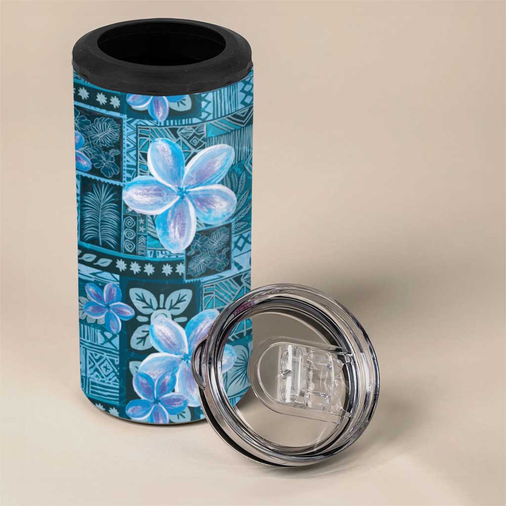 Cyan Hawaii Plumeria With Tropical Flowers Motifs 4 in 1 Can Cooler Tumbler LT14 - Polynesian Pride