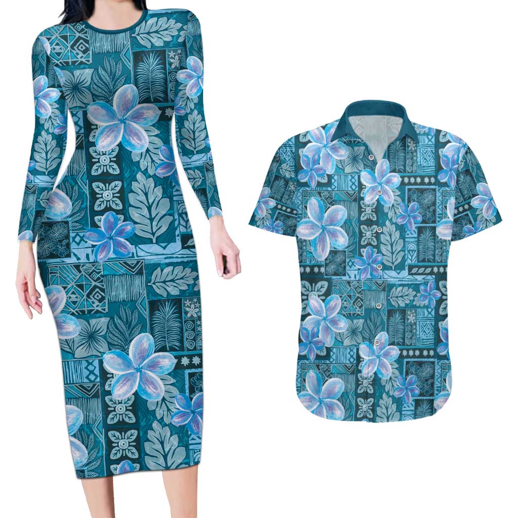 Cyan Hawaii Plumeria With Tropical Flowers Motifs Couples Matching Long Sleeve Bodycon Dress and Hawaiian Shirt