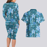Cyan Hawaii Plumeria With Tropical Flowers Motifs Couples Matching Long Sleeve Bodycon Dress and Hawaiian Shirt