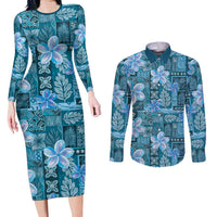 Cyan Hawaii Plumeria With Tropical Flowers Motifs Couples Matching Long Sleeve Bodycon Dress and Long Sleeve Button Shirt