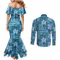 Cyan Hawaii Plumeria With Tropical Flowers Motifs Couples Matching Mermaid Dress and Long Sleeve Button Shirt
