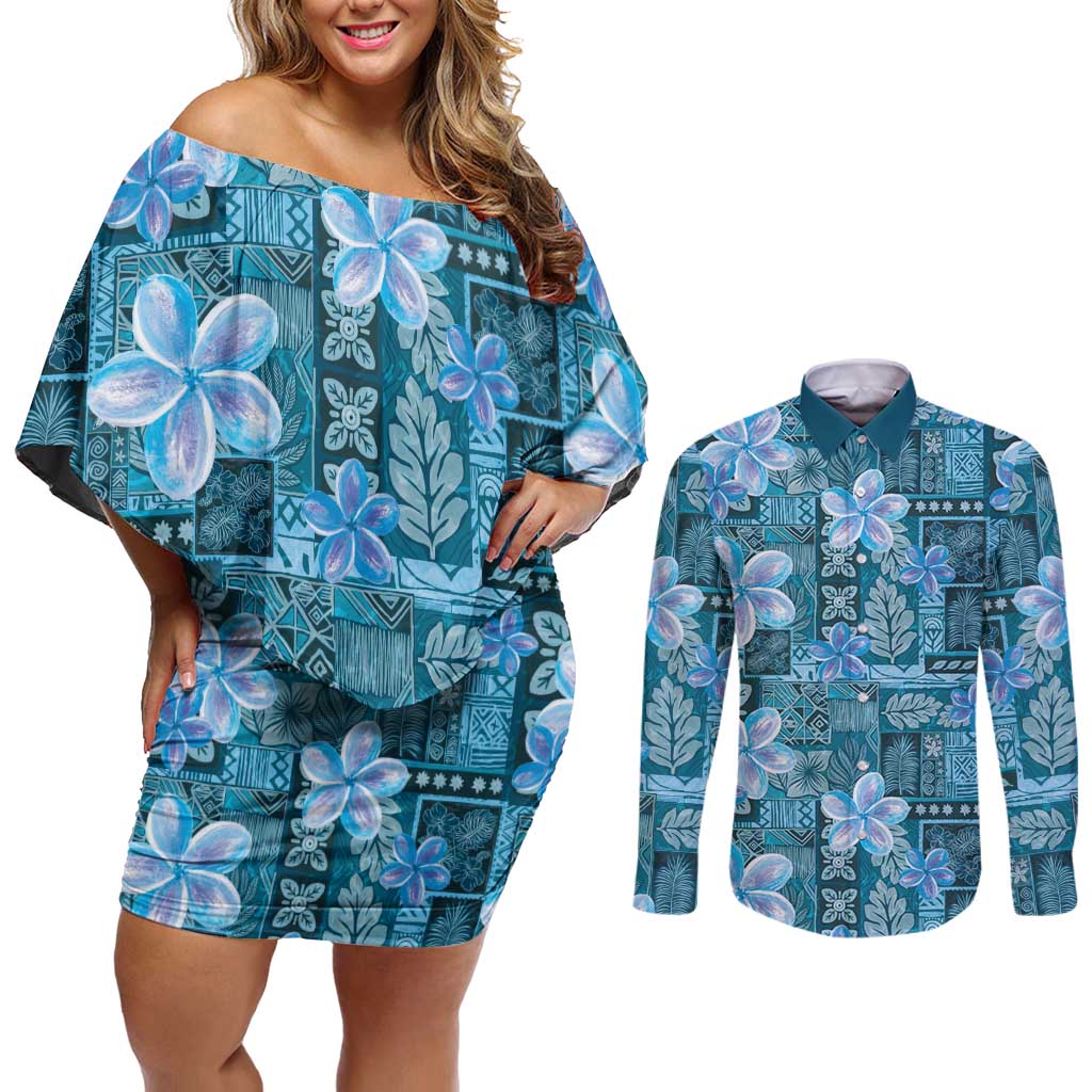 Cyan Hawaii Plumeria With Tropical Flowers Motifs Couples Matching Off Shoulder Short Dress and Long Sleeve Button Shirt