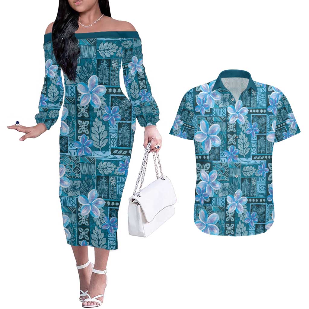 Cyan Hawaii Plumeria With Tropical Flowers Motifs Couples Matching Off The Shoulder Long Sleeve Dress and Hawaiian Shirt