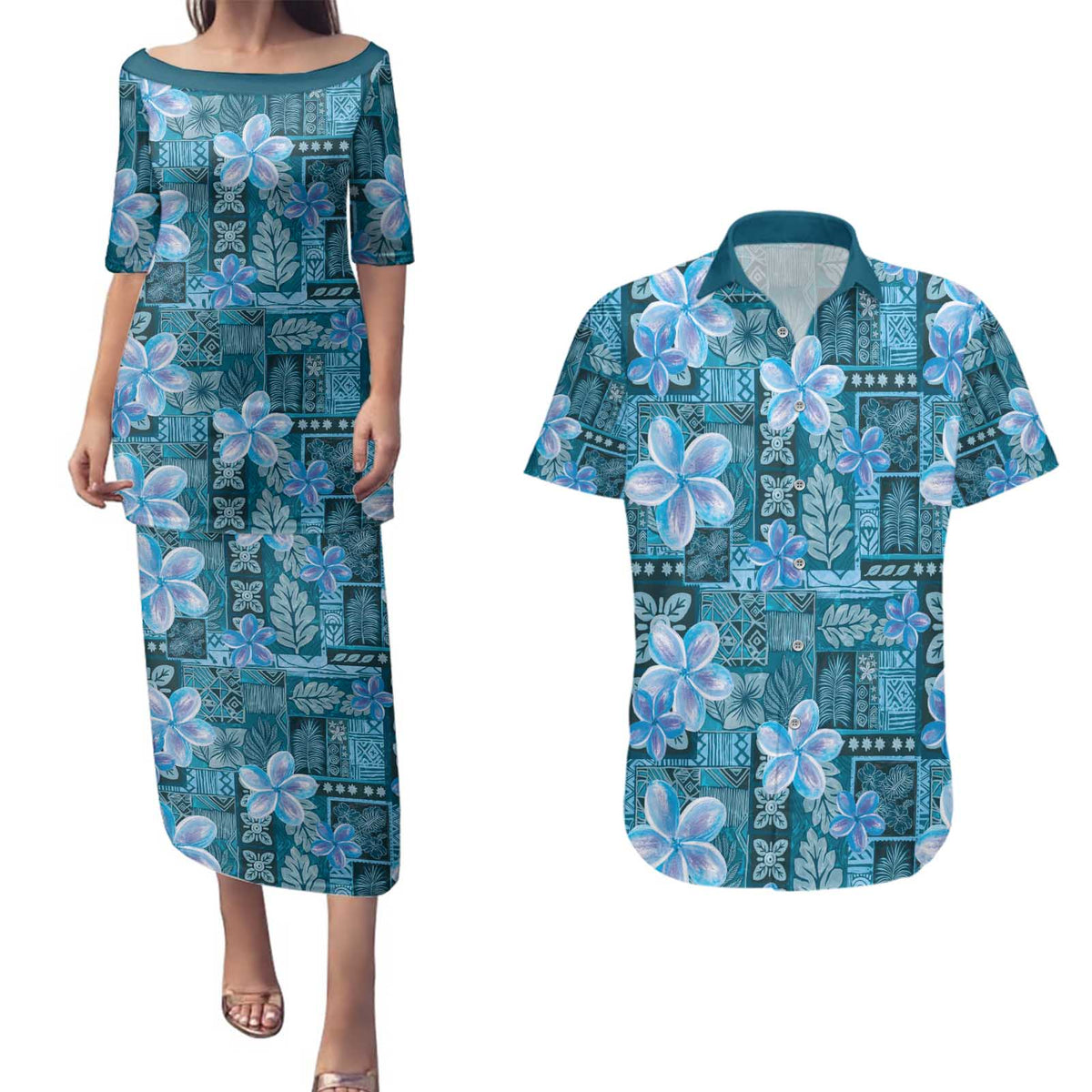 Cyan Hawaii Plumeria With Tropical Flowers Motifs Couples Matching Puletasi and Hawaiian Shirt LT14 Cyan - Polynesian Pride