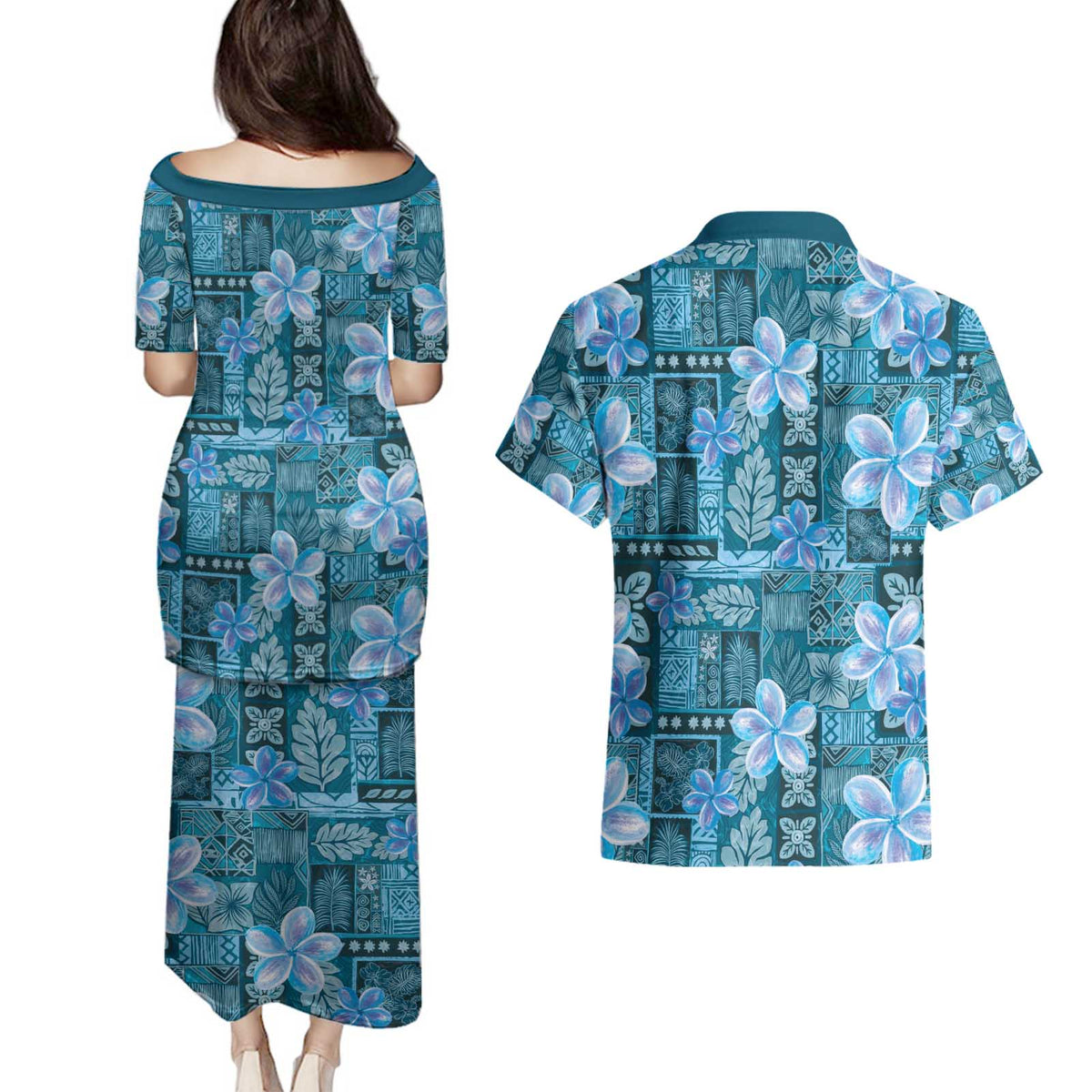 Cyan Hawaii Plumeria With Tropical Flowers Motifs Couples Matching Puletasi and Hawaiian Shirt LT14 - Polynesian Pride