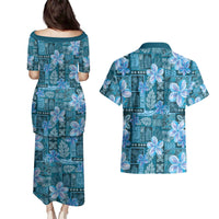 Cyan Hawaii Plumeria With Tropical Flowers Motifs Couples Matching Puletasi and Hawaiian Shirt LT14 - Polynesian Pride
