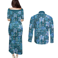 Cyan Hawaii Plumeria With Tropical Flowers Motifs Couples Matching Puletasi and Long Sleeve Button Shirt LT14 - Polynesian Pride
