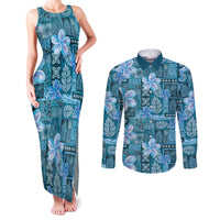 Cyan Hawaii Plumeria With Tropical Flowers Motifs Couples Matching Tank Maxi Dress and Long Sleeve Button Shirt