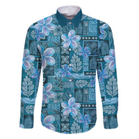 Cyan Hawaii Plumeria With Tropical Flowers Motifs Family Matching Long Sleeve Bodycon Dress and Hawaiian Shirt