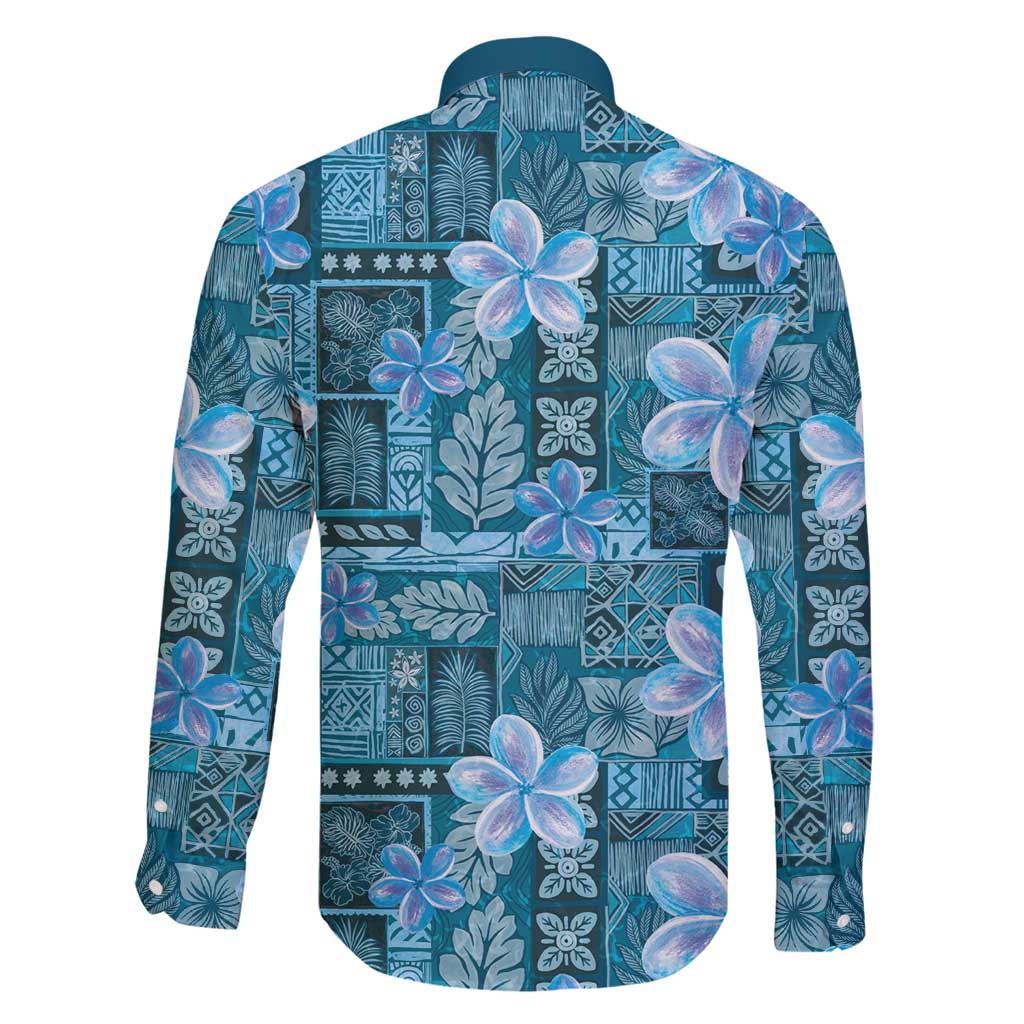 Cyan Hawaii Plumeria With Tropical Flowers Motifs Family Matching Long Sleeve Bodycon Dress and Hawaiian Shirt