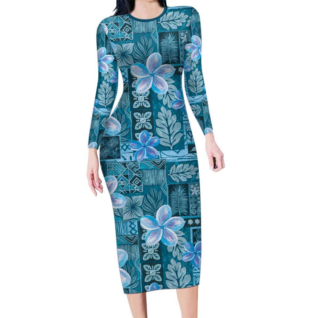 Cyan Hawaii Plumeria With Tropical Flowers Motifs Family Matching Long Sleeve Bodycon Dress and Hawaiian Shirt