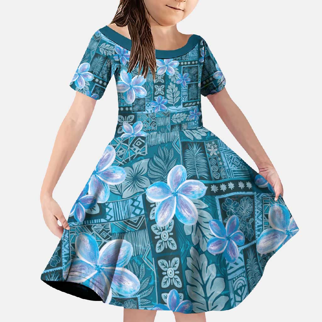 Cyan Hawaii Plumeria With Tropical Flowers Motifs Family Matching Mermaid Dress and Hawaiian Shirt LT14 Daughter's Dress Cyan - Polynesian Pride