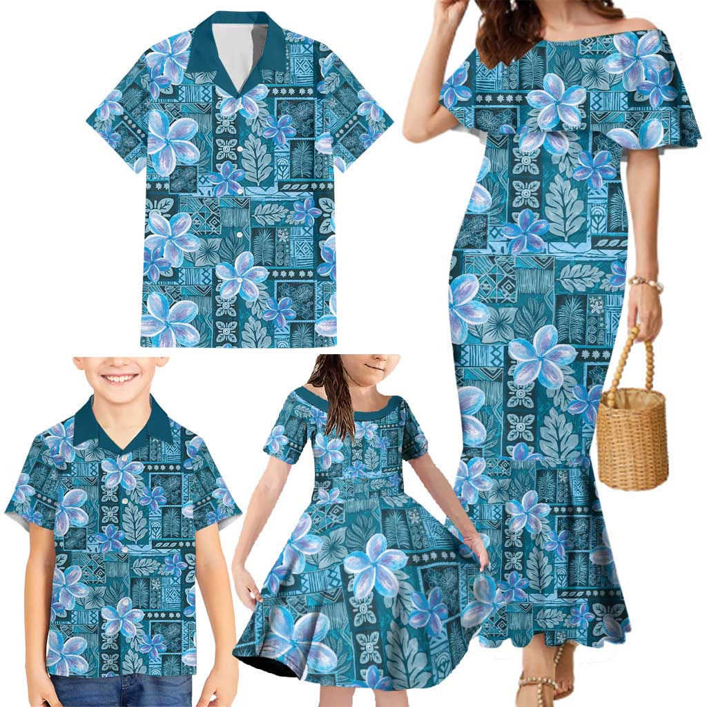 Cyan Hawaii Plumeria With Tropical Flowers Motifs Family Matching Mermaid Dress and Hawaiian Shirt