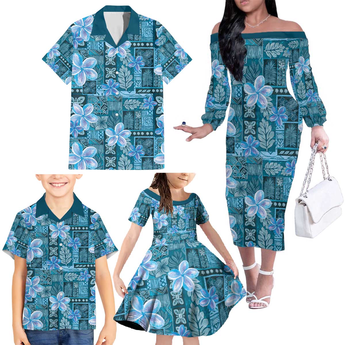 Cyan Hawaii Plumeria With Tropical Flowers Motifs Family Matching Off The Shoulder Long Sleeve Dress and Hawaiian Shirt