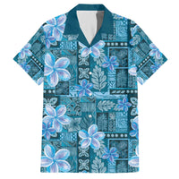 Cyan Hawaii Plumeria With Tropical Flowers Motifs Family Matching Off The Shoulder Long Sleeve Dress and Hawaiian Shirt