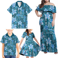Cyan Hawaii Plumeria With Tropical Flowers Motifs Family Matching Off Shoulder Maxi Dress and Hawaiian Shirt LT14 - Polynesian Pride