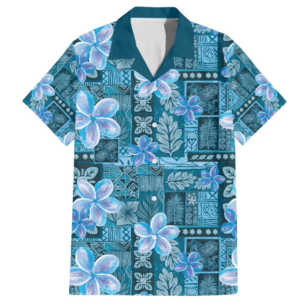 Cyan Hawaii Plumeria With Tropical Flowers Motifs Family Matching Off Shoulder Maxi Dress and Hawaiian Shirt LT14 Dad's Shirt - Short Sleeve Cyan - Polynesian Pride