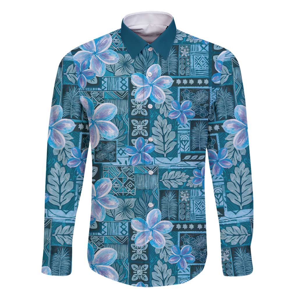 Cyan Hawaii Plumeria With Tropical Flowers Motifs Family Matching Off Shoulder Maxi Dress and Hawaiian Shirt LT14 Dad's Shirt - Long Sleeve Cyan - Polynesian Pride