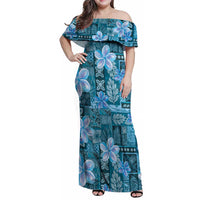Cyan Hawaii Plumeria With Tropical Flowers Motifs Family Matching Off Shoulder Maxi Dress and Hawaiian Shirt LT14 Mom's Dress Cyan - Polynesian Pride