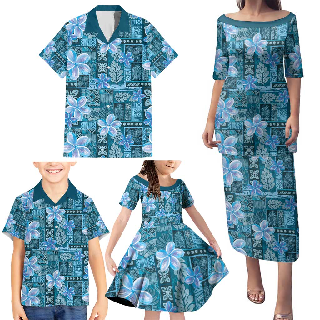 Cyan Hawaii Plumeria With Tropical Flowers Motifs Family Matching Puletasi and Hawaiian Shirt LT14 - Polynesian Pride