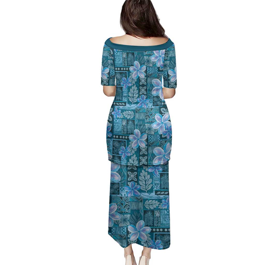 Cyan Hawaii Plumeria With Tropical Flowers Motifs Family Matching Puletasi and Hawaiian Shirt LT14 - Polynesian Pride