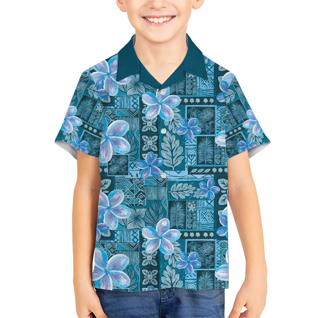Cyan Hawaii Plumeria With Tropical Flowers Motifs Family Matching Puletasi and Hawaiian Shirt LT14 Son's Shirt Cyan - Polynesian Pride