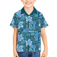 Cyan Hawaii Plumeria With Tropical Flowers Motifs Family Matching Puletasi and Hawaiian Shirt LT14 Son's Shirt Cyan - Polynesian Pride