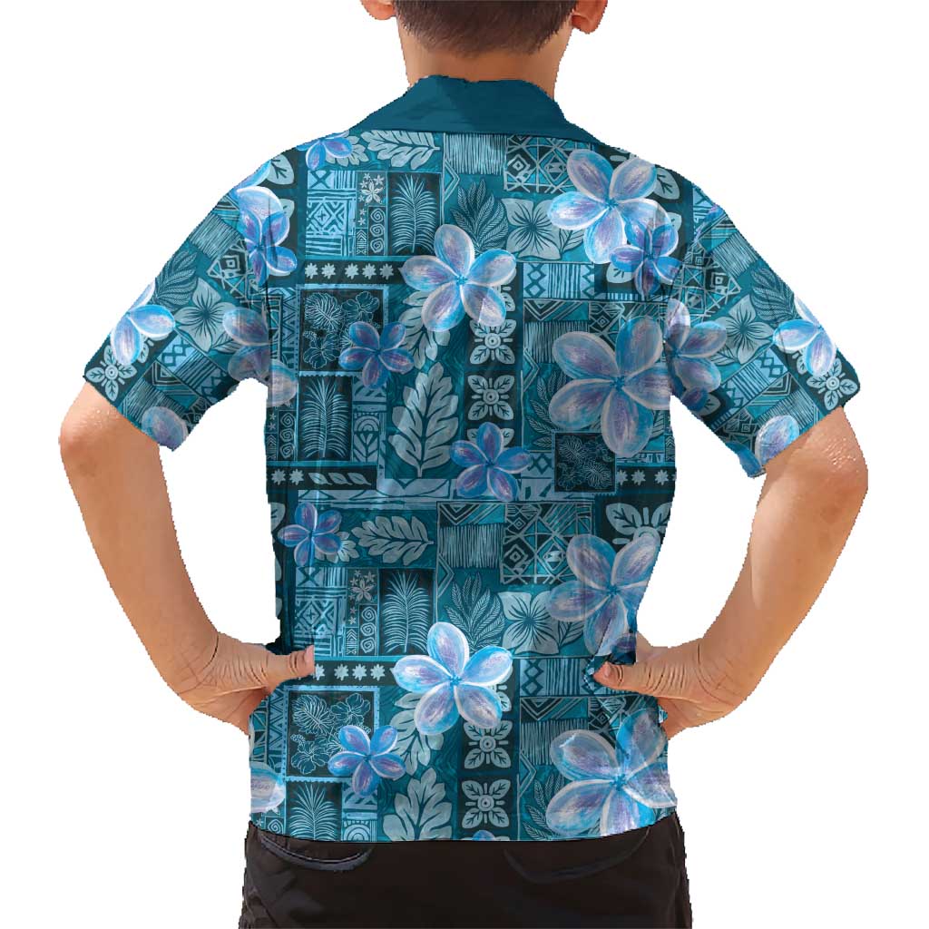 Cyan Hawaii Plumeria With Tropical Flowers Motifs Family Matching Short Sleeve Bodycon Dress and Hawaiian Shirt