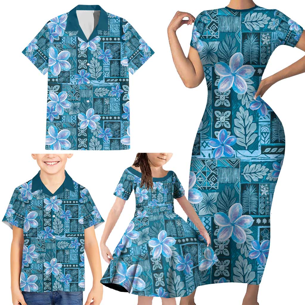 Cyan Hawaii Plumeria With Tropical Flowers Motifs Family Matching Short Sleeve Bodycon Dress and Hawaiian Shirt