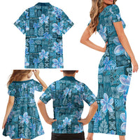 Cyan Hawaii Plumeria With Tropical Flowers Motifs Family Matching Short Sleeve Bodycon Dress and Hawaiian Shirt