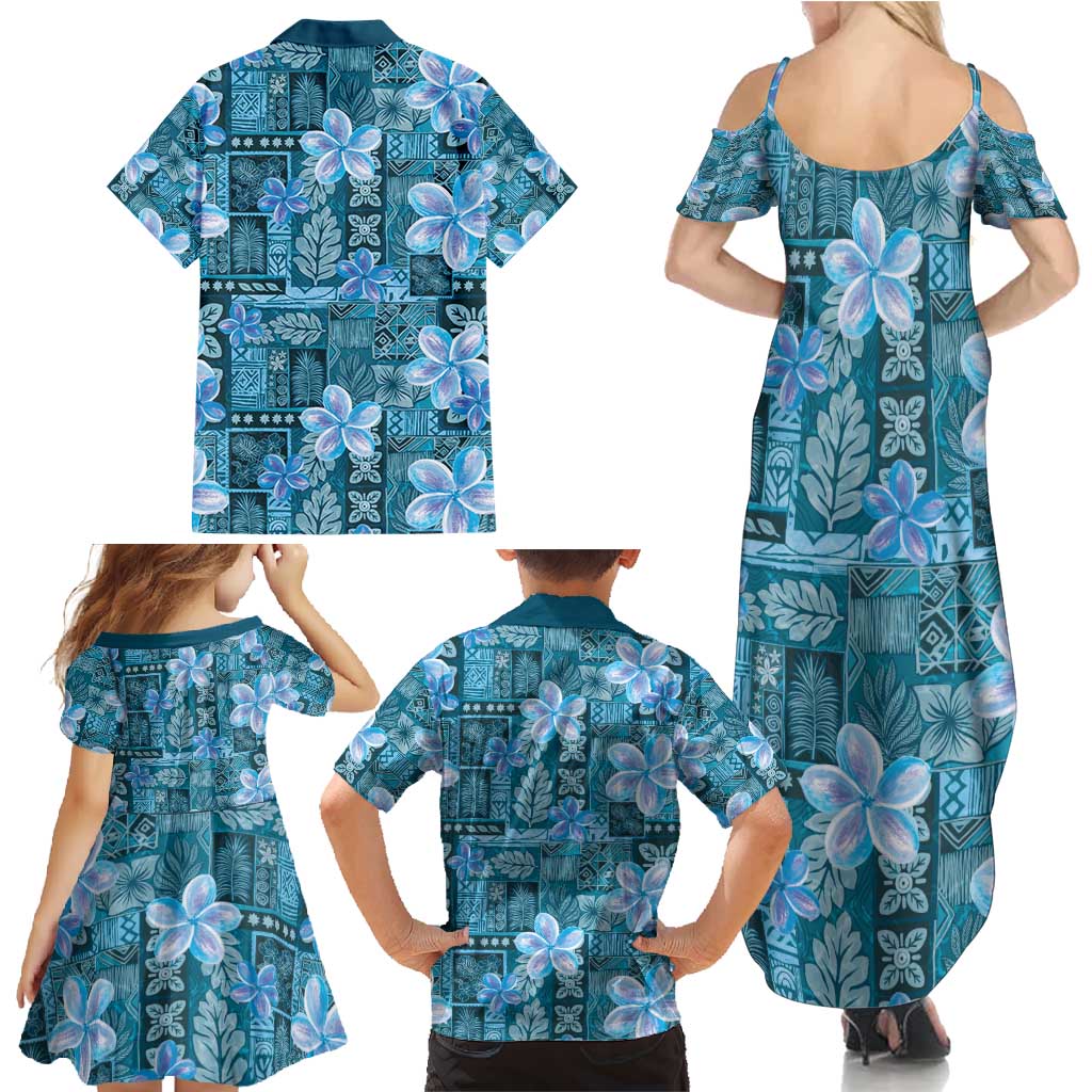 Cyan Hawaii Plumeria With Tropical Flowers Motifs Family Matching Summer Maxi Dress and Hawaiian Shirt