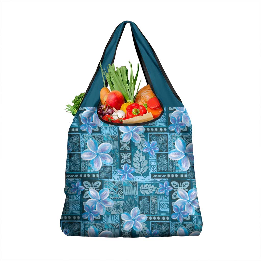 Cyan Hawaii Plumeria With Tropical Flowers Motifs Grocery Bag LT14 1-pack One Size Cyan - Polynesian Pride