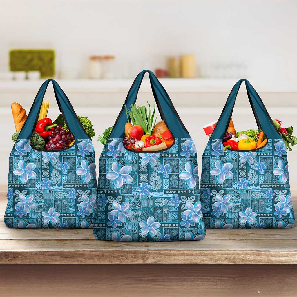 Cyan Hawaii Plumeria With Tropical Flowers Motifs Grocery Bag LT14 3-pack One Size Cyan - Polynesian Pride
