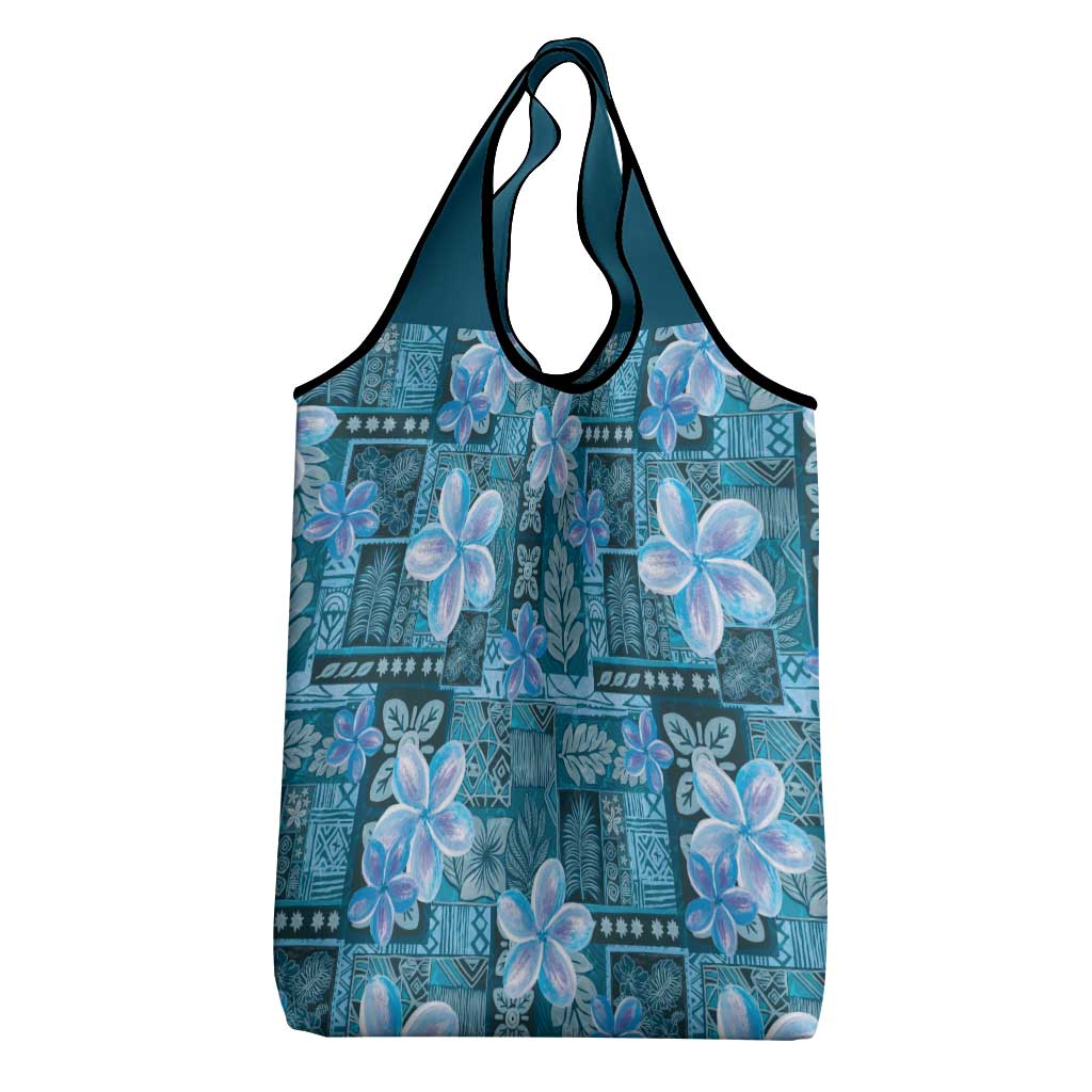 Cyan Hawaii Plumeria With Tropical Flowers Motifs Grocery Bag LT14 - Polynesian Pride