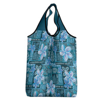Cyan Hawaii Plumeria With Tropical Flowers Motifs Grocery Bag LT14 - Polynesian Pride