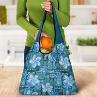 Cyan Hawaii Plumeria With Tropical Flowers Motifs Grocery Bag LT14 - Polynesian Pride