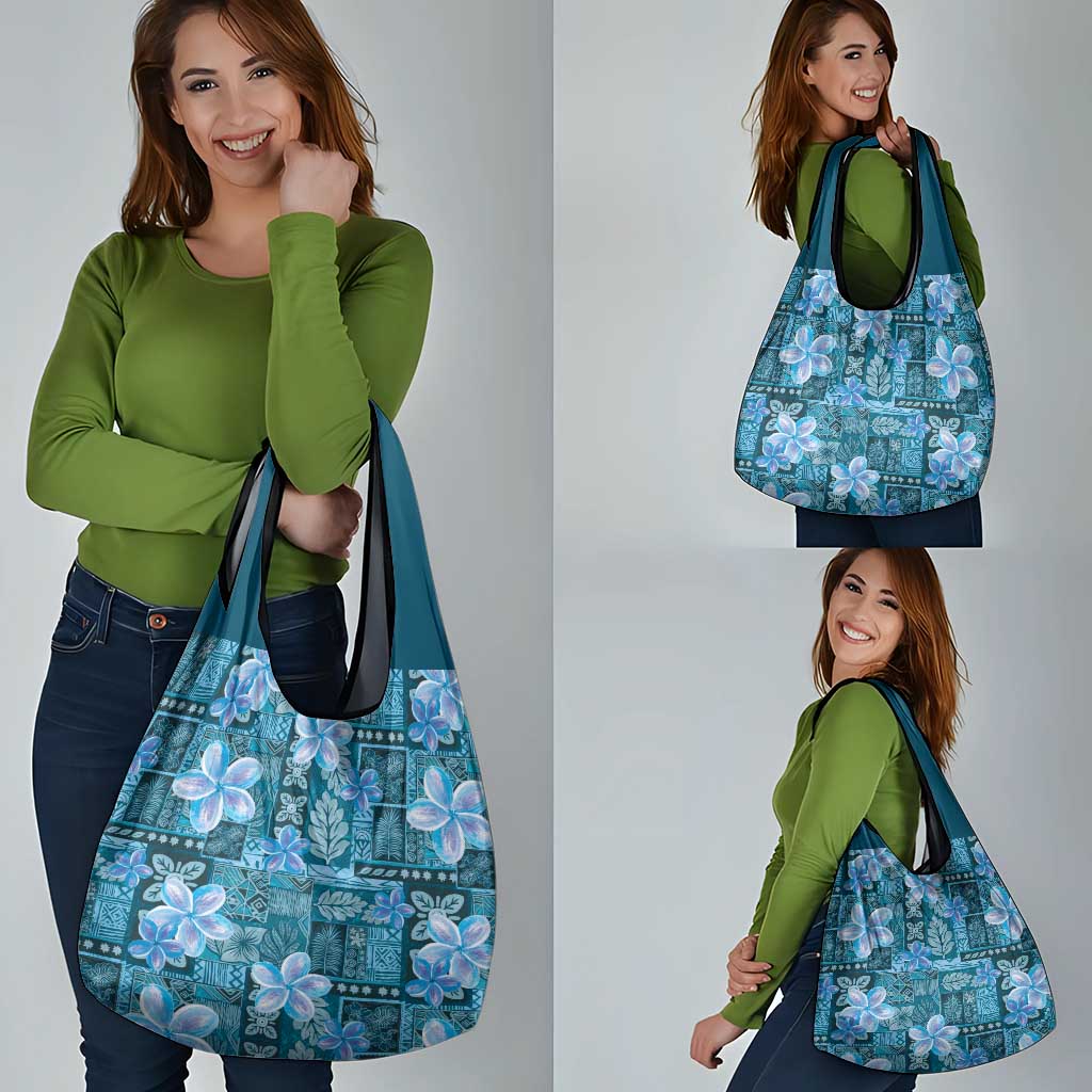 Cyan Hawaii Plumeria With Tropical Flowers Motifs Grocery Bag LT14 - Polynesian Pride