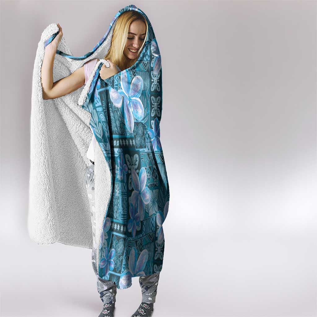 Cyan Hawaii Plumeria With Tropical Flowers Motifs Hooded Blanket