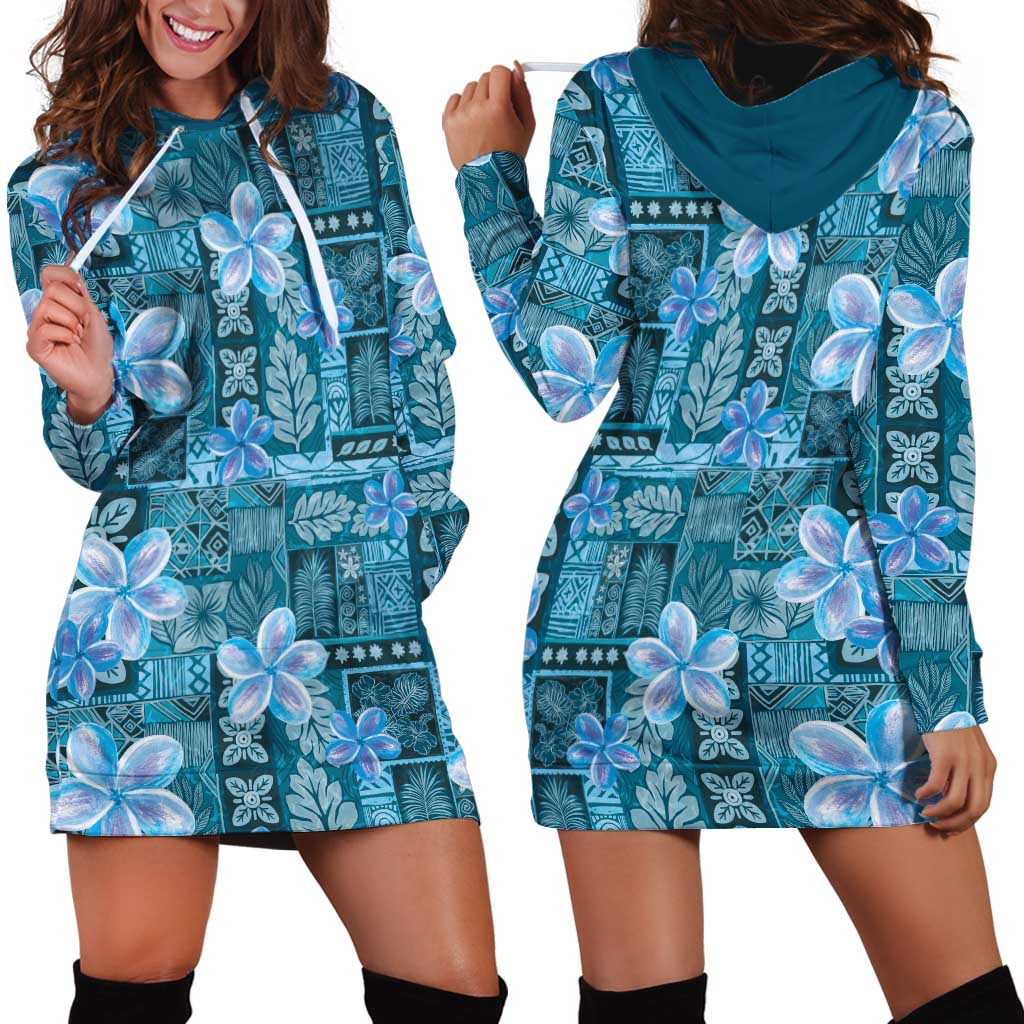 Cyan Hawaii Plumeria With Tropical Flowers Motifs Hoodie Dress LT14 - Polynesian Pride