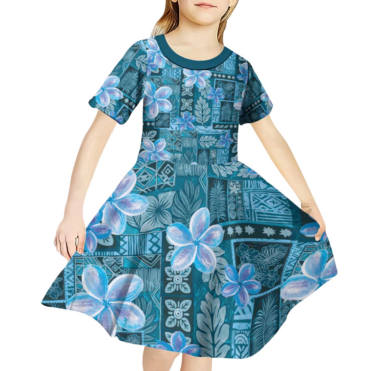 Cyan Hawaii Plumeria With Tropical Flowers Motifs Kid Short Sleeve Dress LT14 - Polynesian Pride