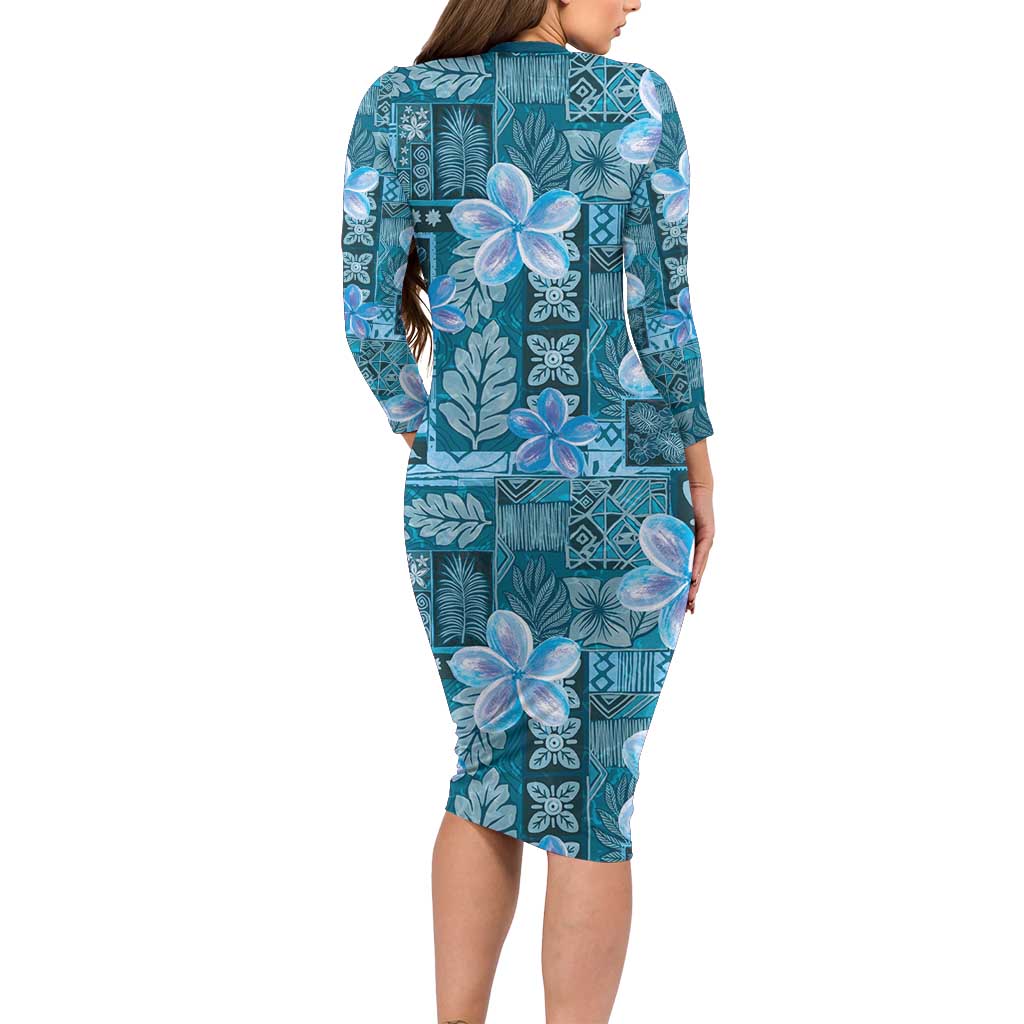 Cyan Hawaii Plumeria With Tropical Flowers Motifs Long Sleeve Bodycon Dress LT14 - Polynesian Pride