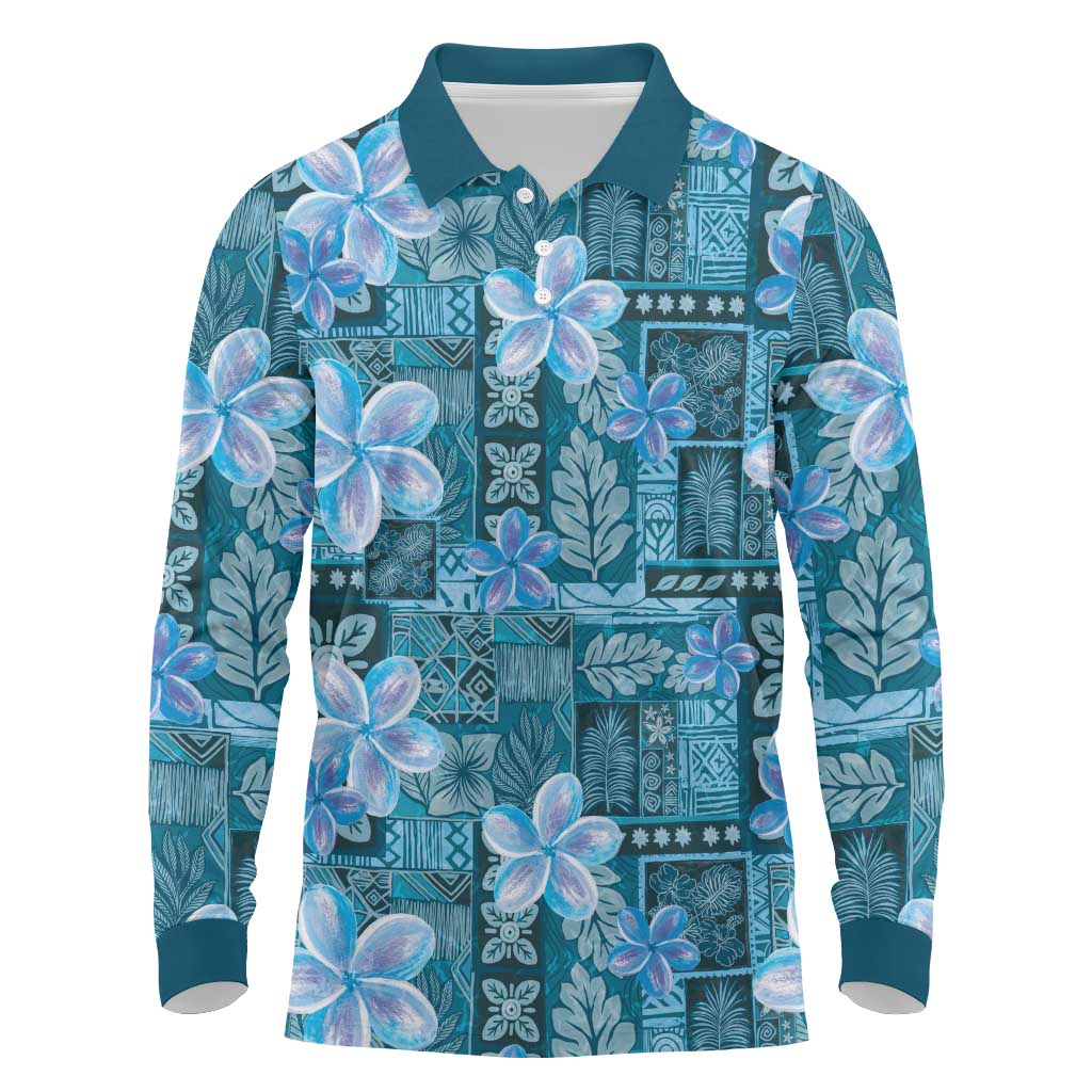 Cyan Hawaii Plumeria With Tropical Flowers Motifs Long Sleeve Polo Shirt LT14 Cyan - Polynesian Pride