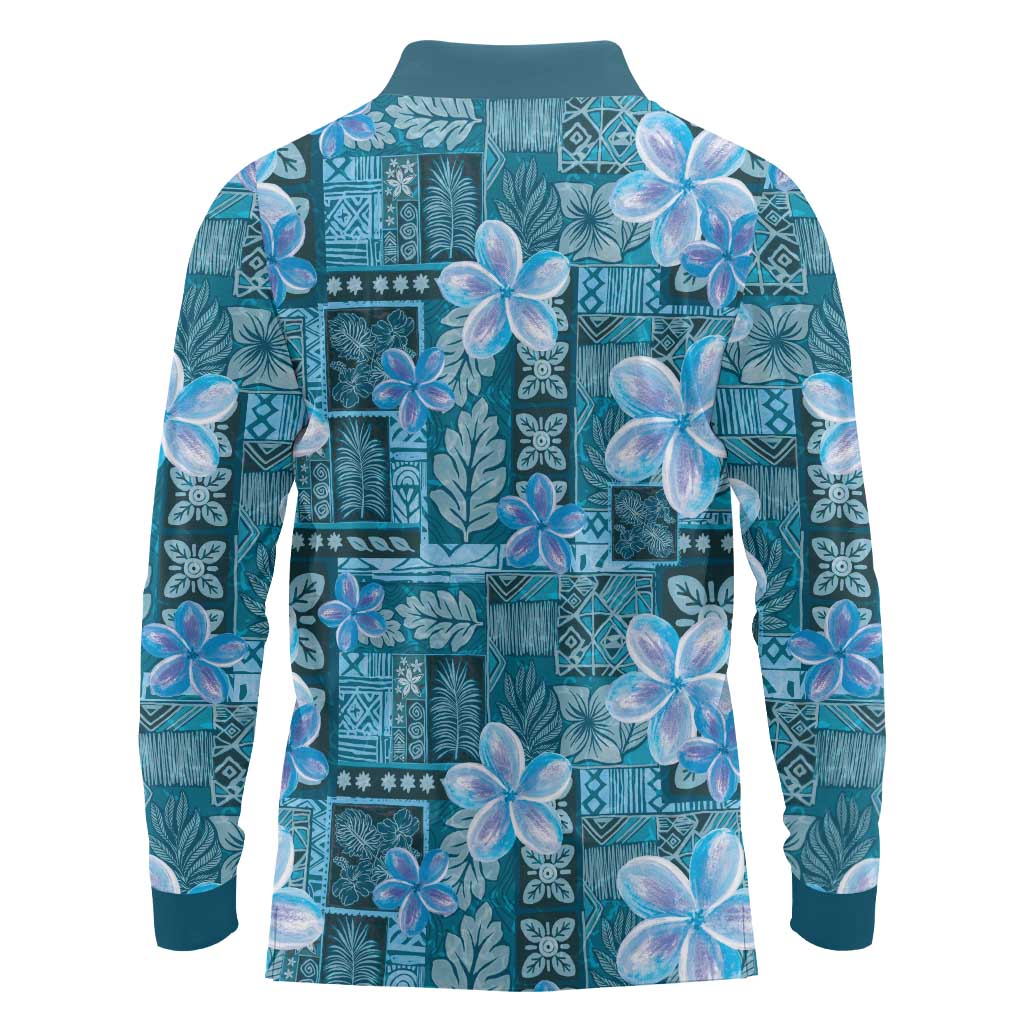 Cyan Hawaii Plumeria With Tropical Flowers Motifs Long Sleeve Polo Shirt LT14 - Polynesian Pride