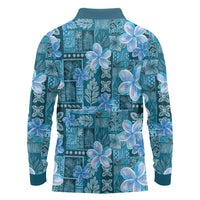 Cyan Hawaii Plumeria With Tropical Flowers Motifs Long Sleeve Polo Shirt LT14 - Polynesian Pride