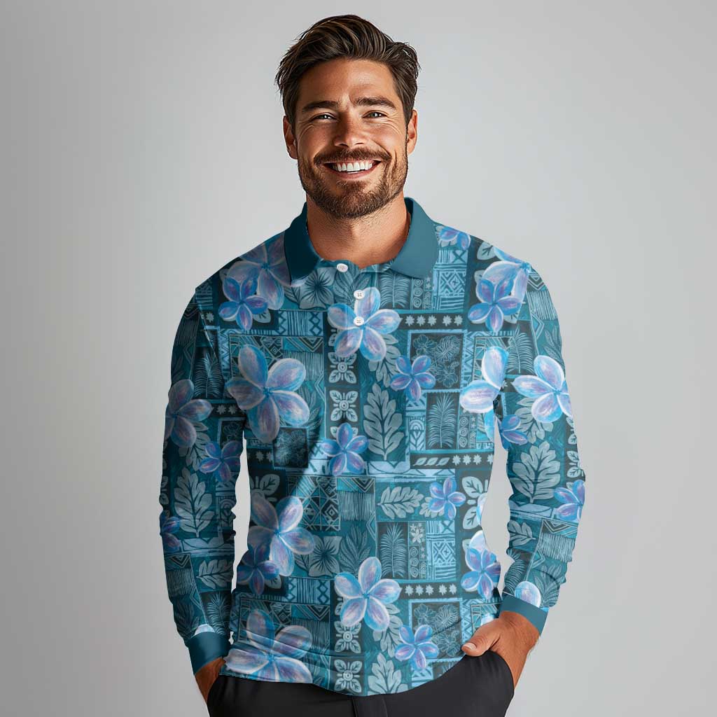 Cyan Hawaii Plumeria With Tropical Flowers Motifs Long Sleeve Polo Shirt LT14 - Polynesian Pride